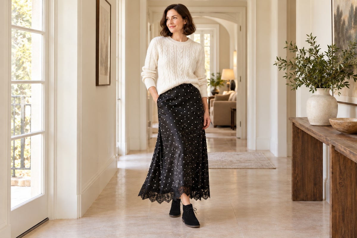 Satin skirt + soft sweater + ankle boot