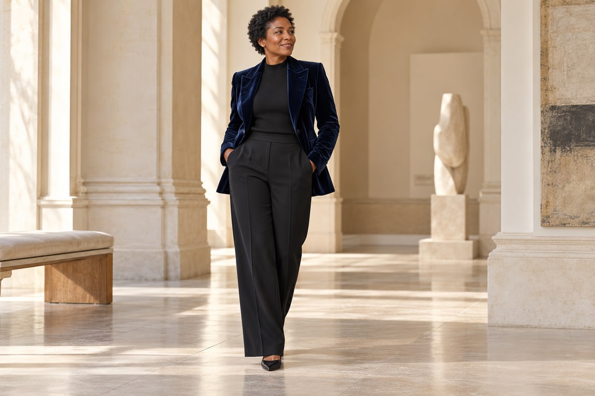 Velvet blazer + fitted knit + tailored trousers