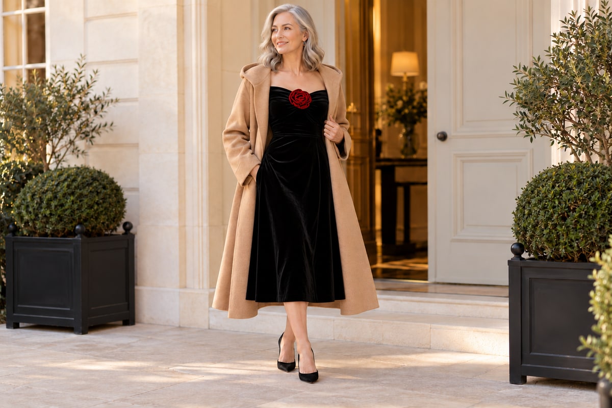 Velvet dress + long coat + minimal jewelry