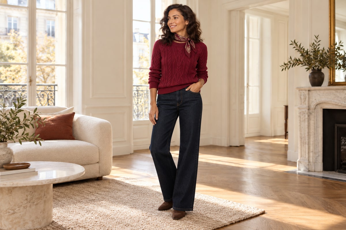 Cranberry sweater + dark denim + oxblood accessories