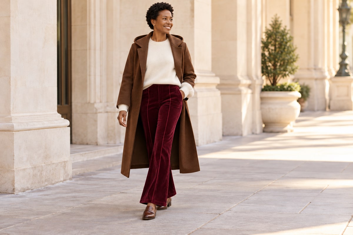 Merlot trousers + cream knit + brown coat