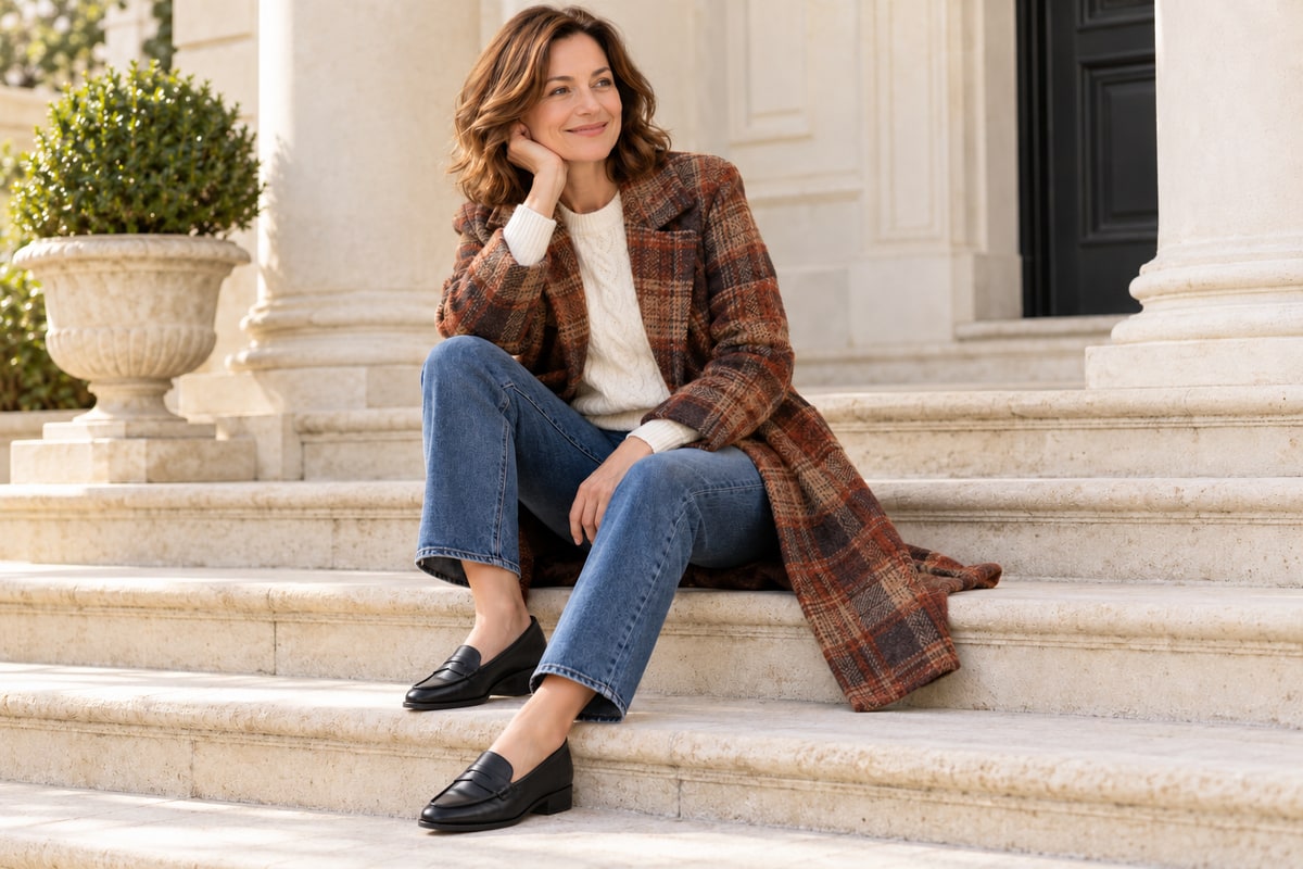 Plaid coat + solid knit + straight-leg jeans + loafers