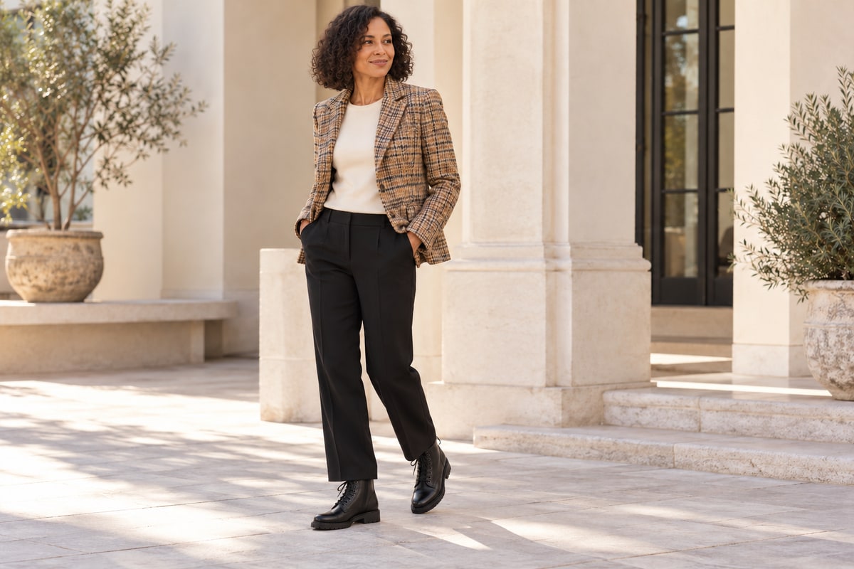 Tweed jacket + relaxed trousers + leather boot