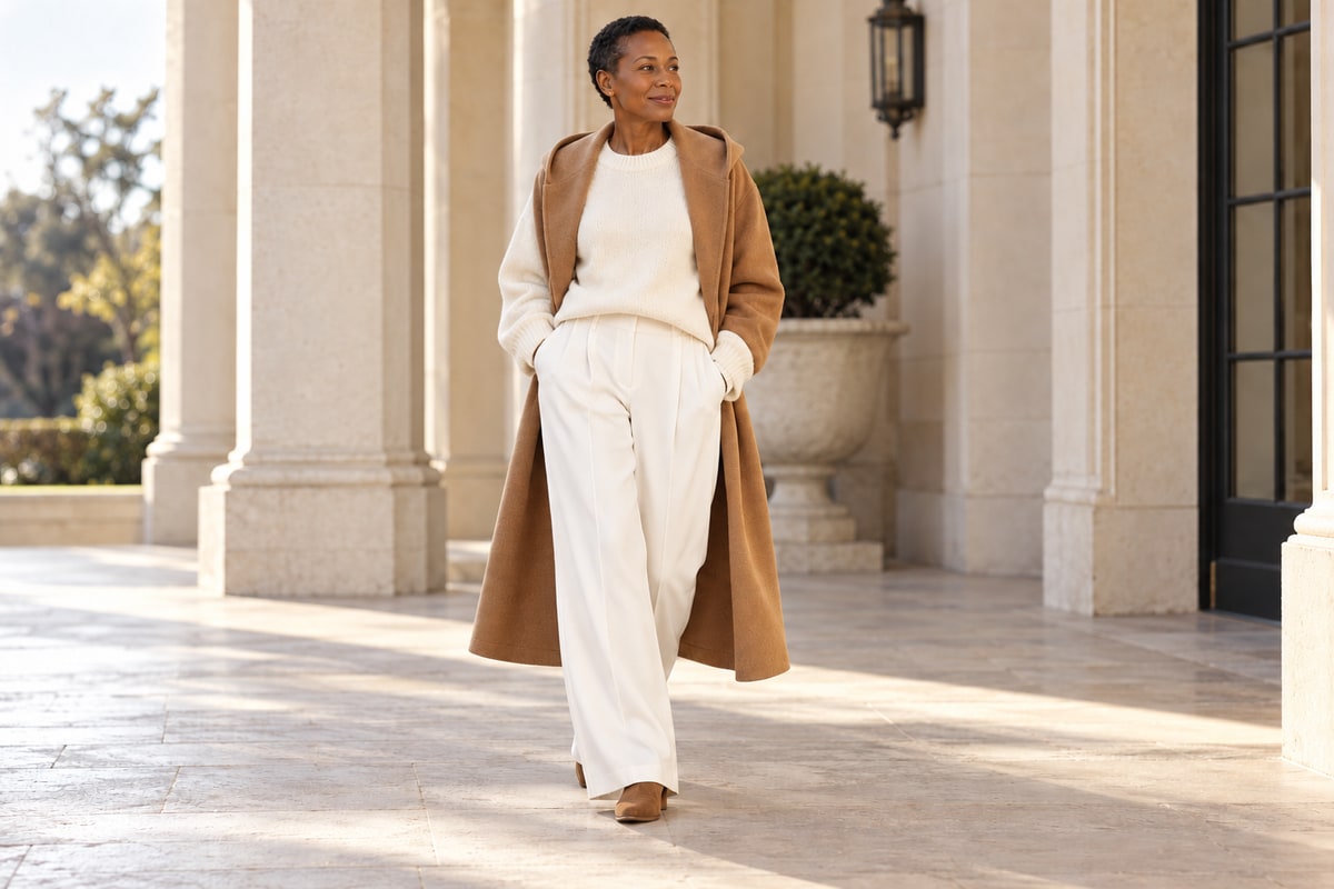 Cream sweater + winter-white trousers + camel coat