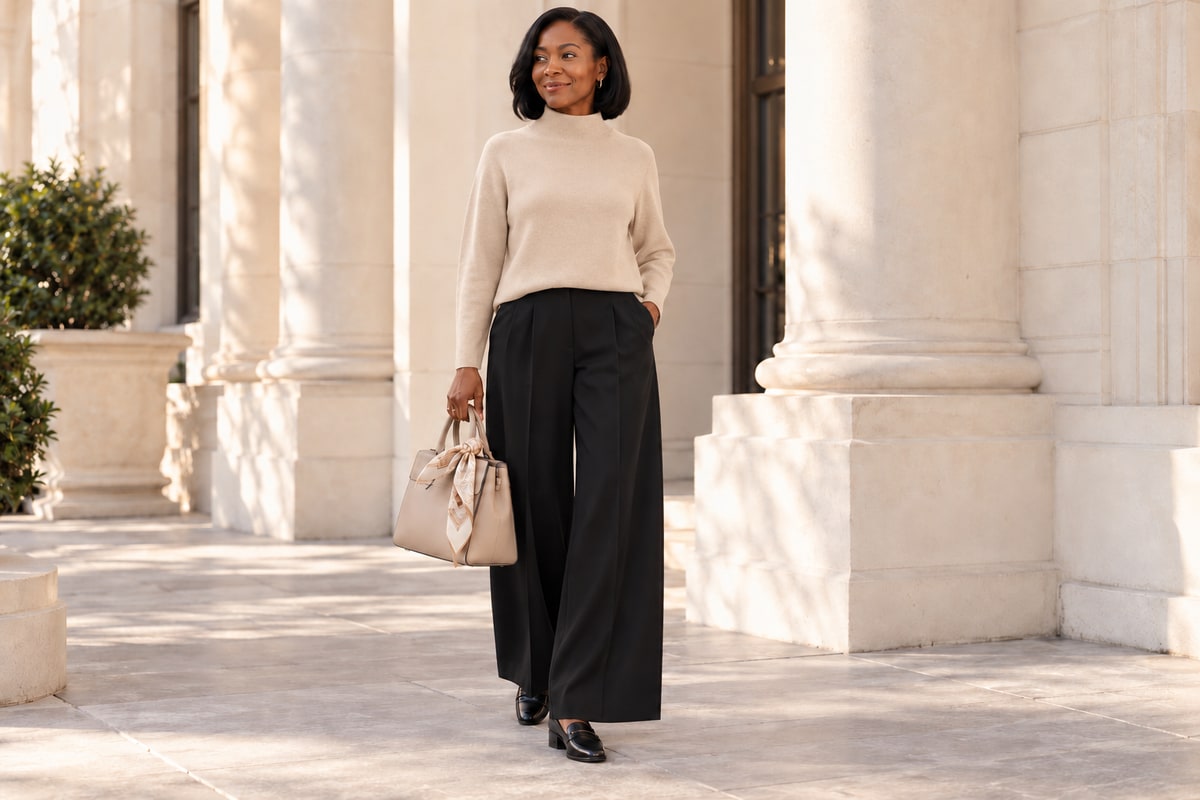 Funnel-neck knit + wide-leg trousers + structured bag