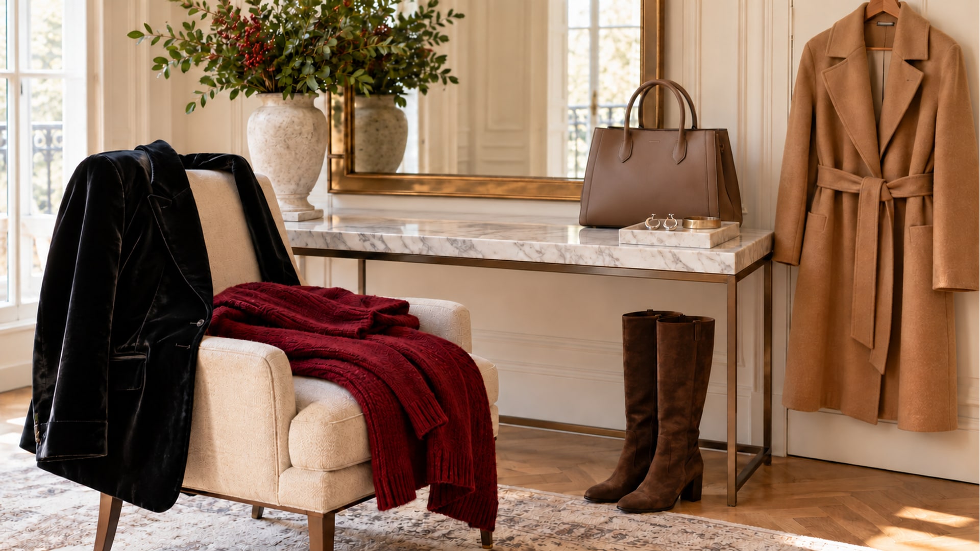 Winter textures and accessories arranged beside a clear marble table